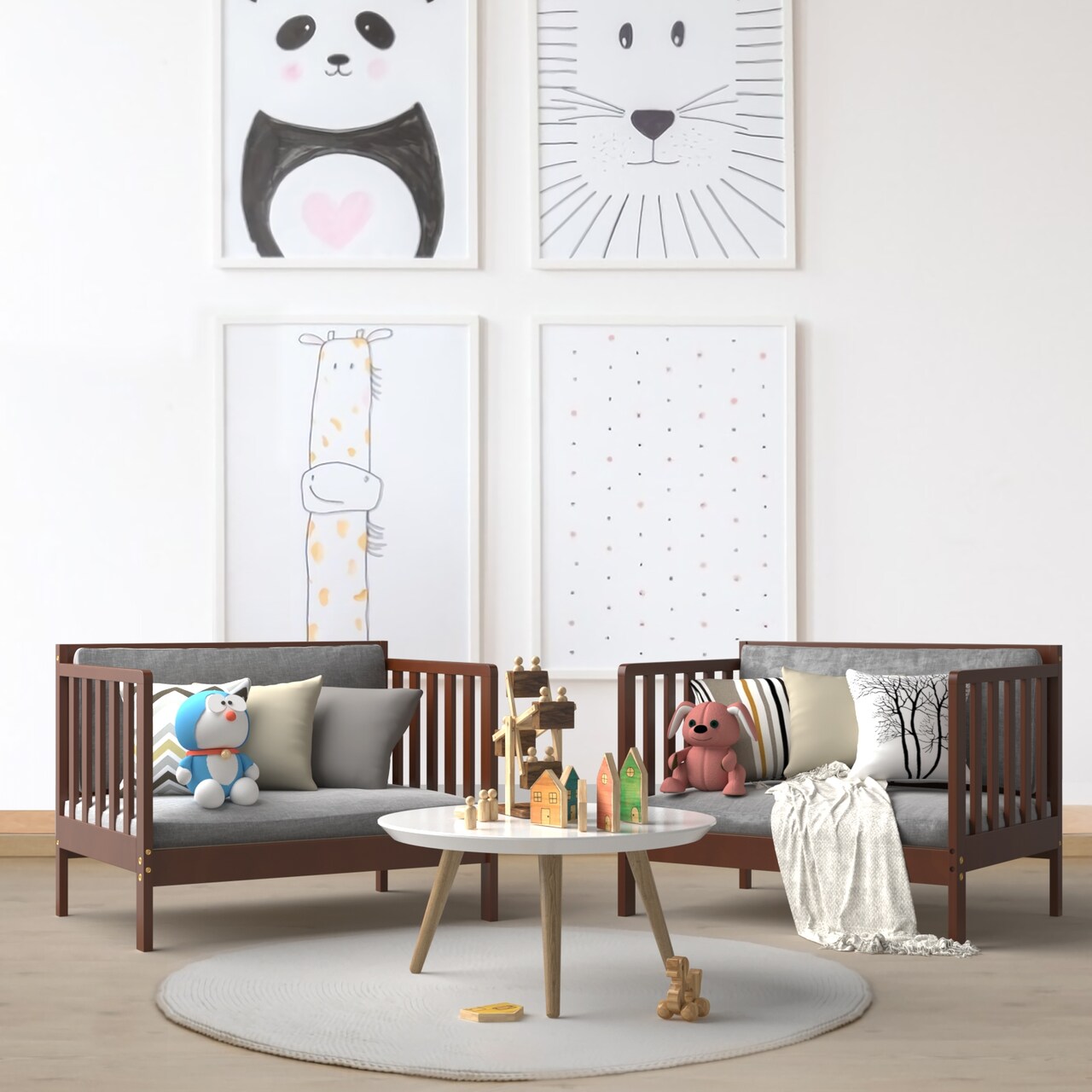 Rubber Wood 2-in-1 Convertible Kids Bed with Guardrails and Chairs